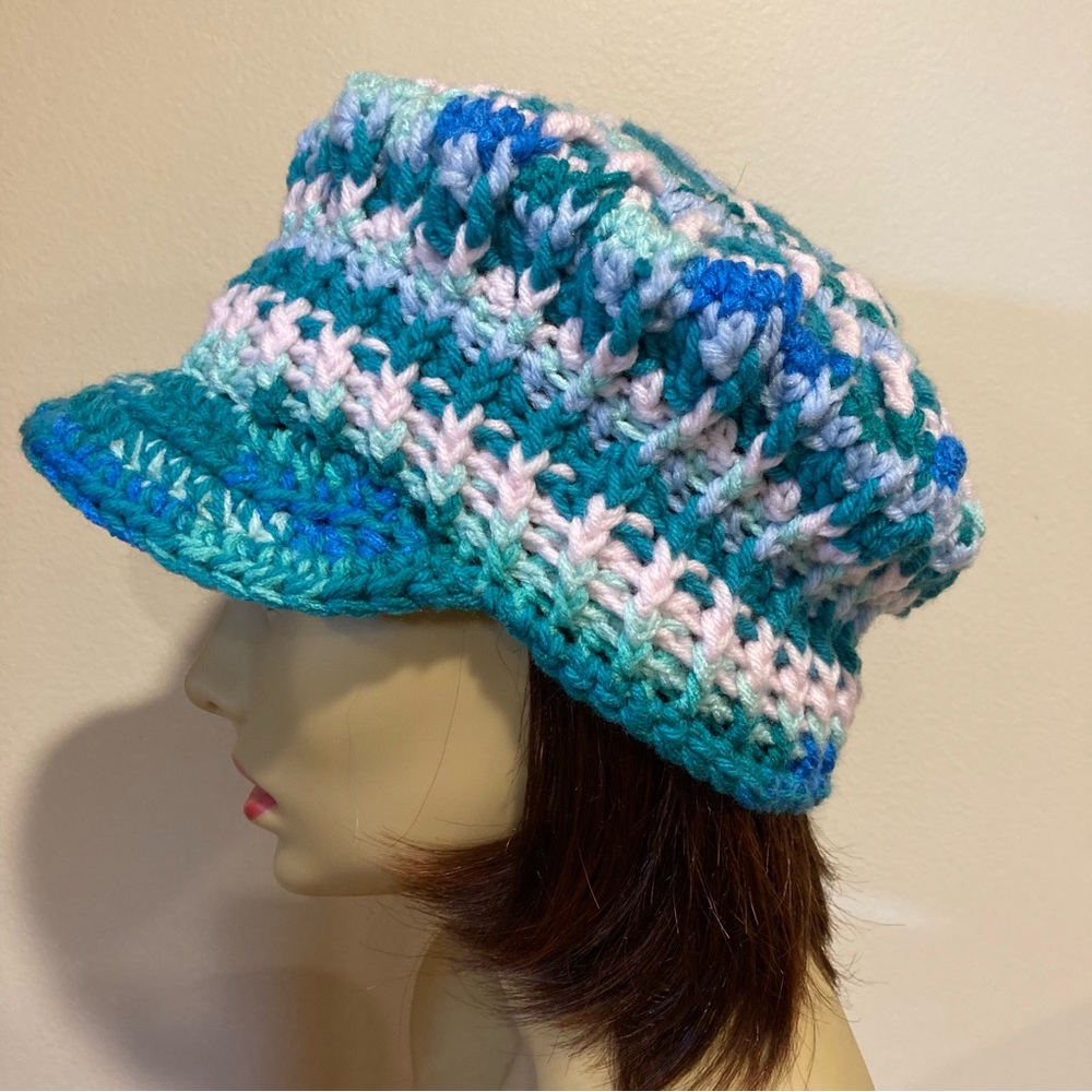 Ocean waves colors, hand knit, BoHo style, cap, with peaked visor, 4 season hat